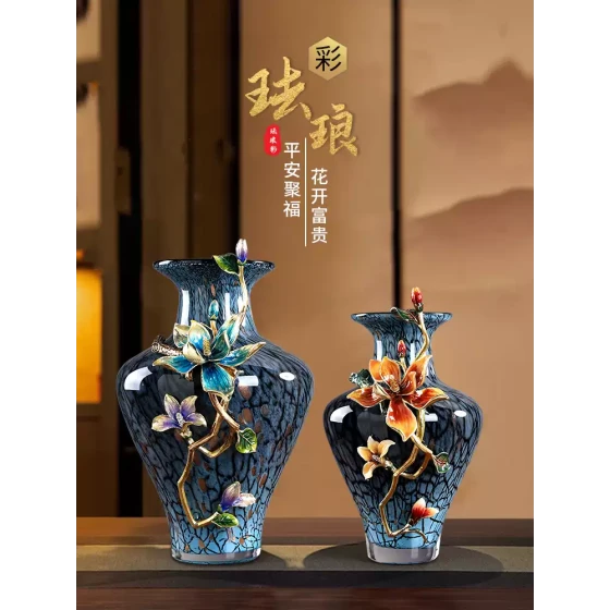 新中式珐琅彩玻璃花瓶艺术装饰品欧式高端客厅轻奢高颜值高级摆件