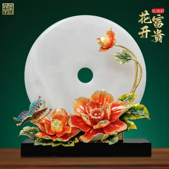 花开富贵高端珐琅彩平安扣摆件中式客厅办公室装饰工艺品乔迁礼物