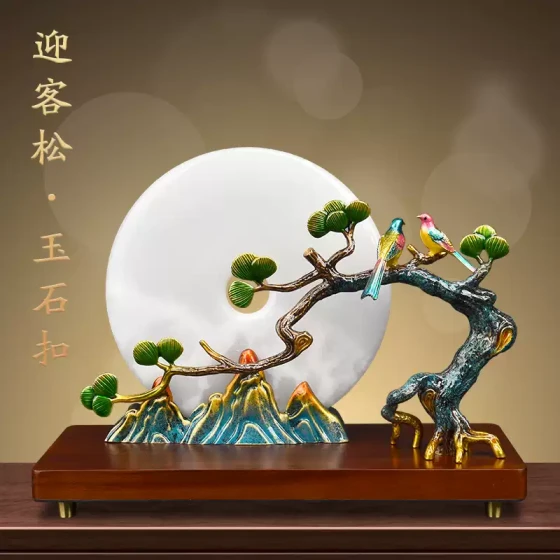 迎客松天然玉石平安扣摆件高档客厅玄关装饰新中式珐琅彩中秋礼物