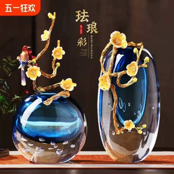 轻奢珐琅彩插花瓶客厅高端装饰工艺品琉璃高级感水晶玻璃摆件玄关