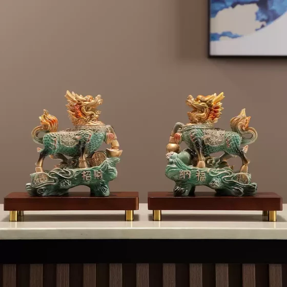 麒麟摆件一对公母聚财纳福客厅入户门酒柜装饰品乔迁店铺开业礼物